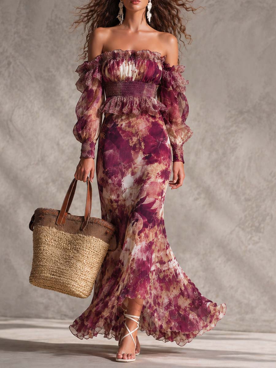 Rosine | Vestido largo rosa palo con hombros descubiertos y estampado floral