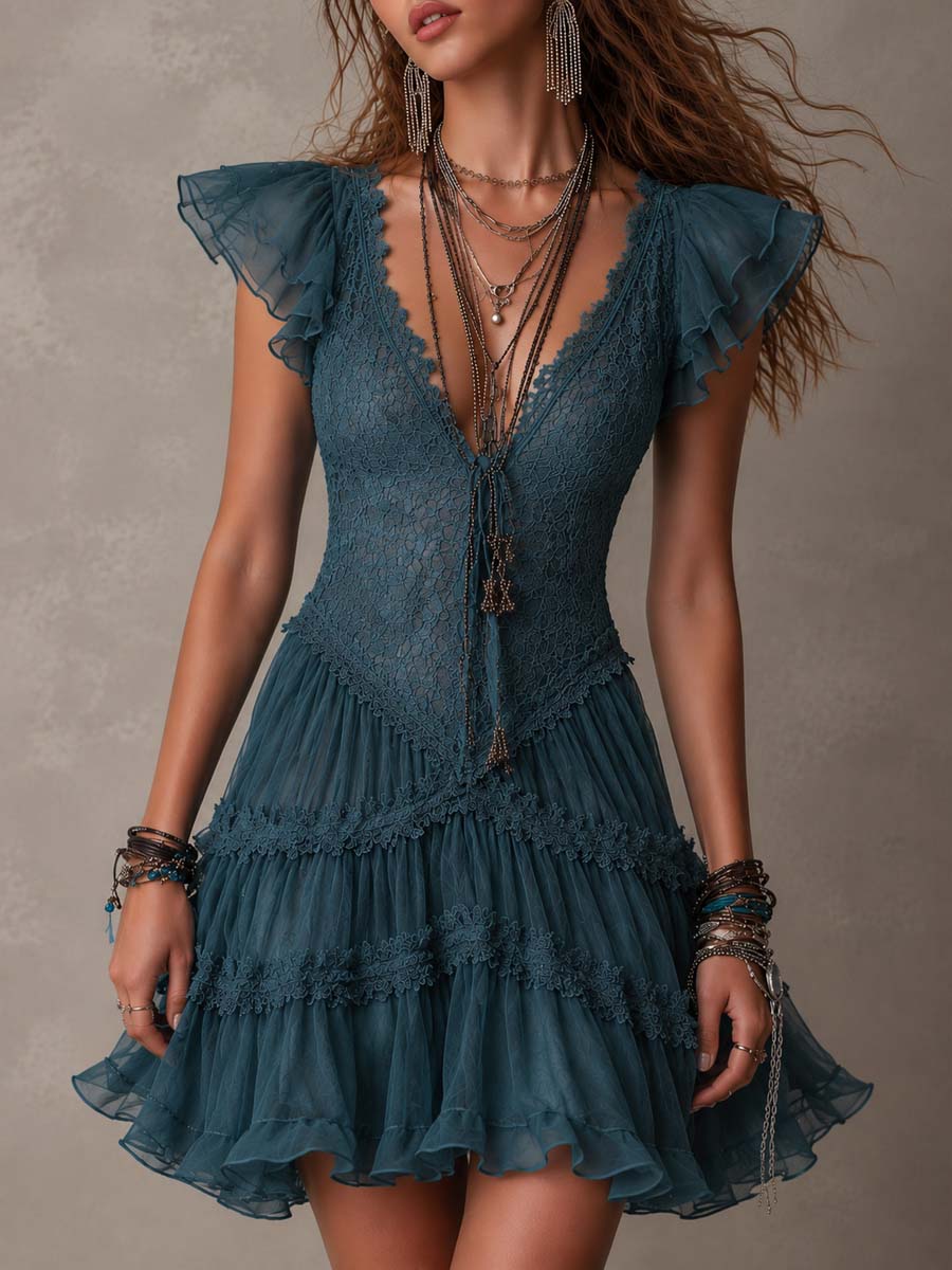 Azurine | Vestido corto azul retro de encaje y gasa con volantes