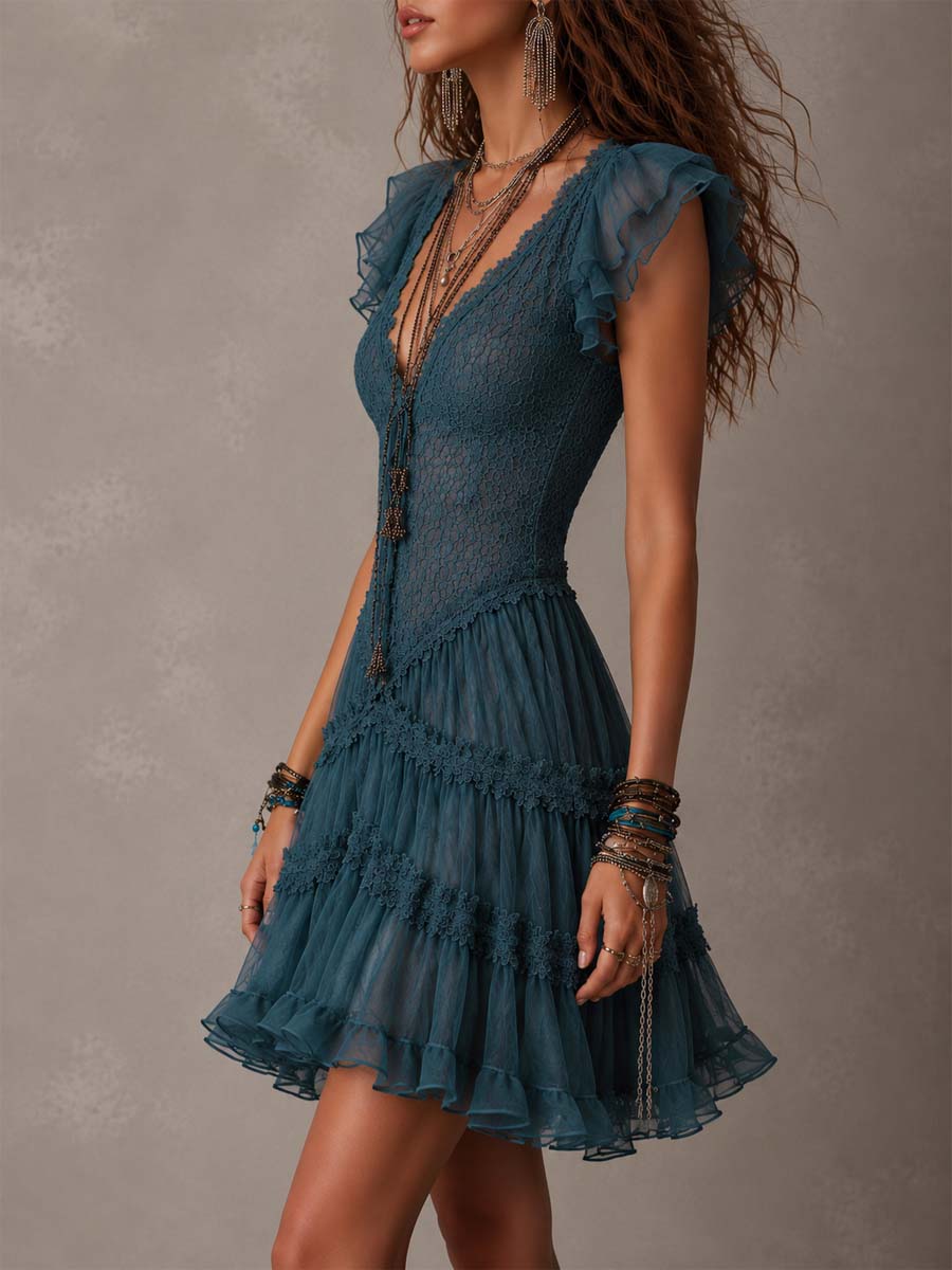 Azurine | Vestido corto azul retro de encaje y gasa con volantes