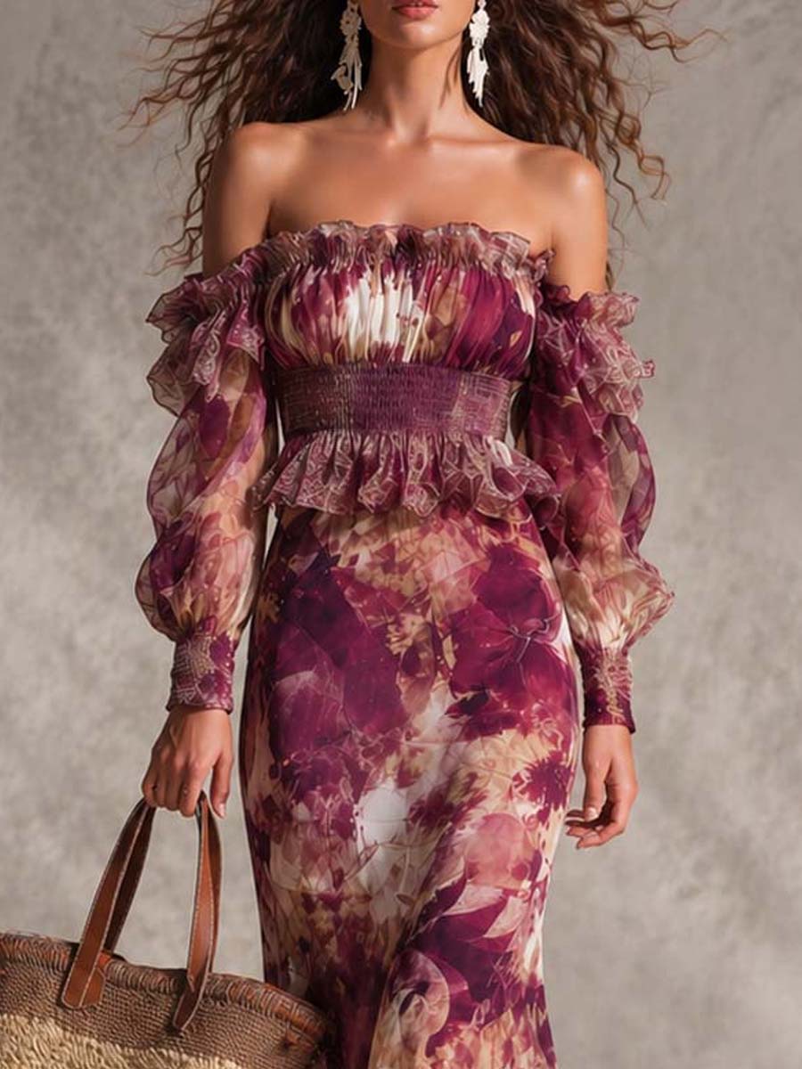 Rosine | Vestido largo rosa palo con hombros descubiertos y estampado floral
