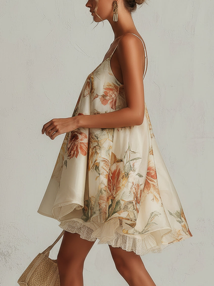 Béatrice | Vestido corto beige línea A de organza floral con borde de encaje