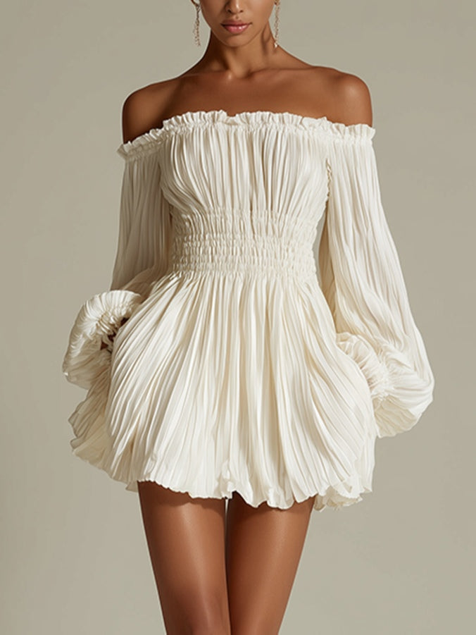 Candide | Vestido corto blanco con hombros descubiertos y cintura fruncida