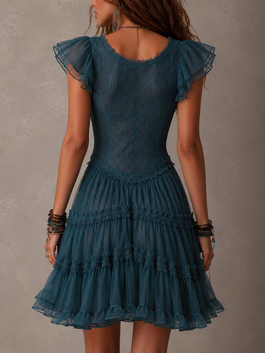 Azurine | Vestido corto azul retro de encaje y gasa con volantes