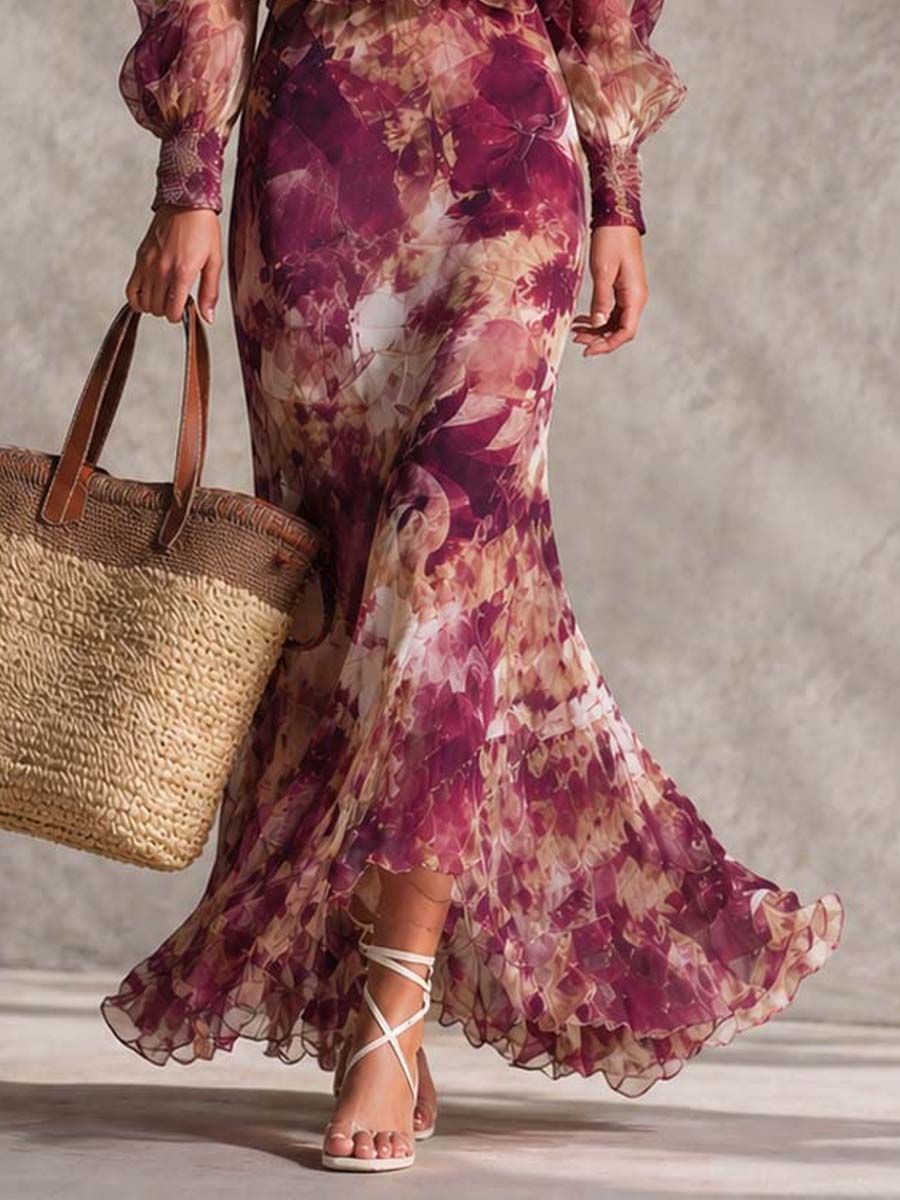 Rosine | Vestido largo rosa palo con hombros descubiertos y estampado floral