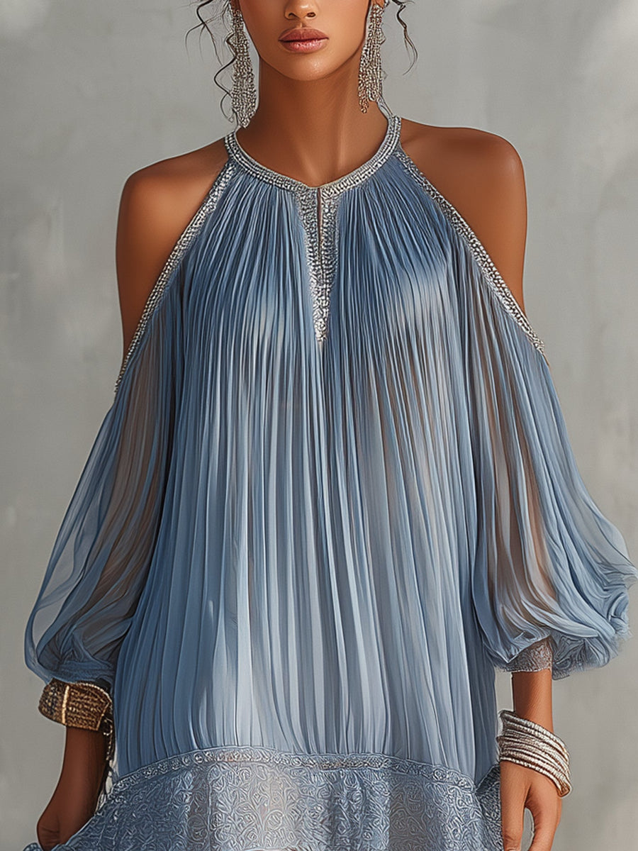 Celeste | Vestido corto azul con hombros descubiertos y bajo de encaje