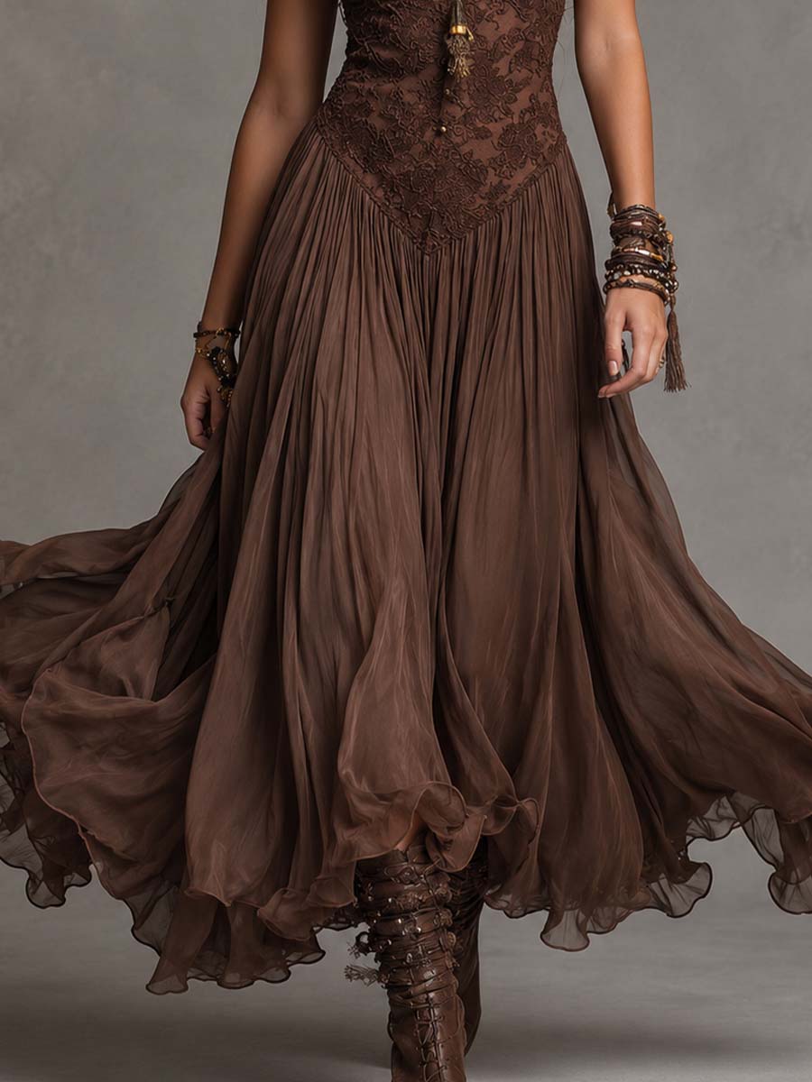 Federica | Vestido maxi de gasa y encaje marrón