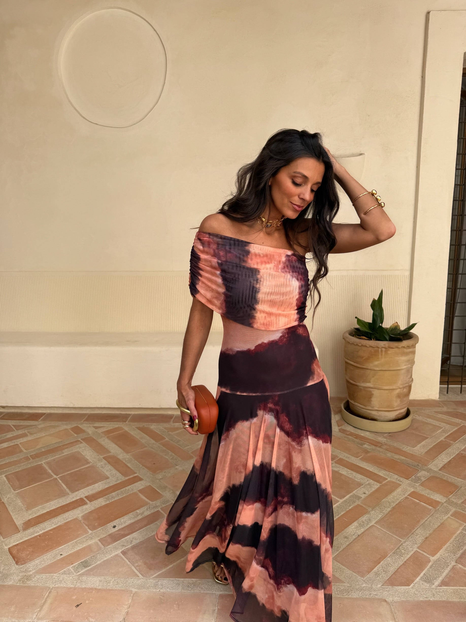 Toledo Vestido de Tul Estampado naranja y marrón