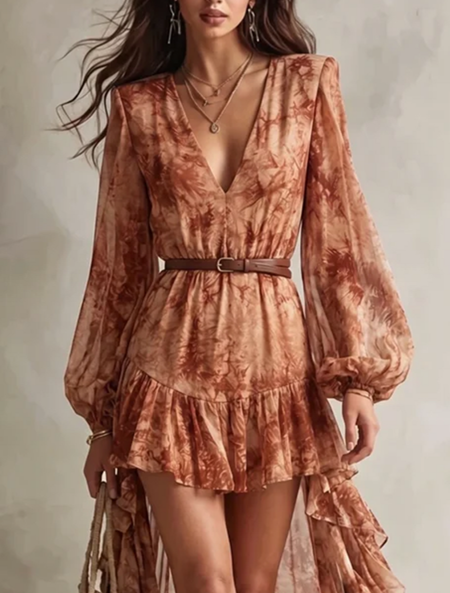 Clémence | Vestido corto floral terracota de manga larga y escote en V
