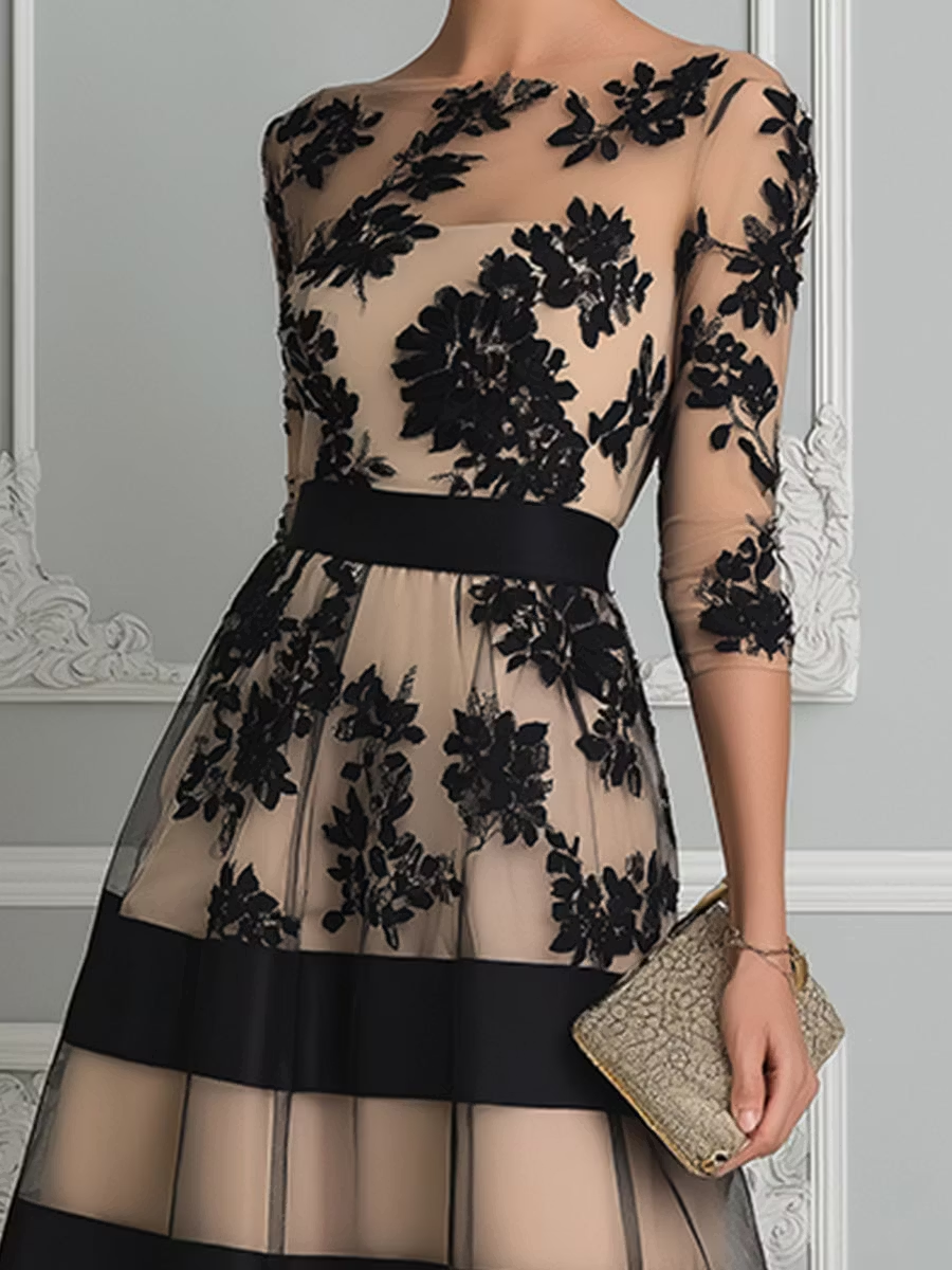 Elena | Vestido midi de encaje negro línea A