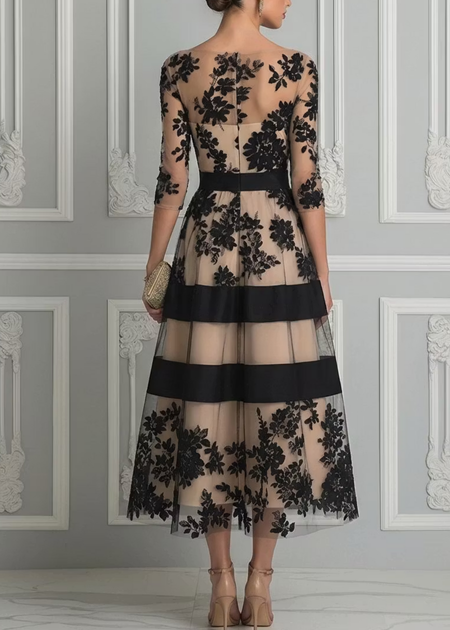 Elena | Vestido midi de encaje negro línea A
