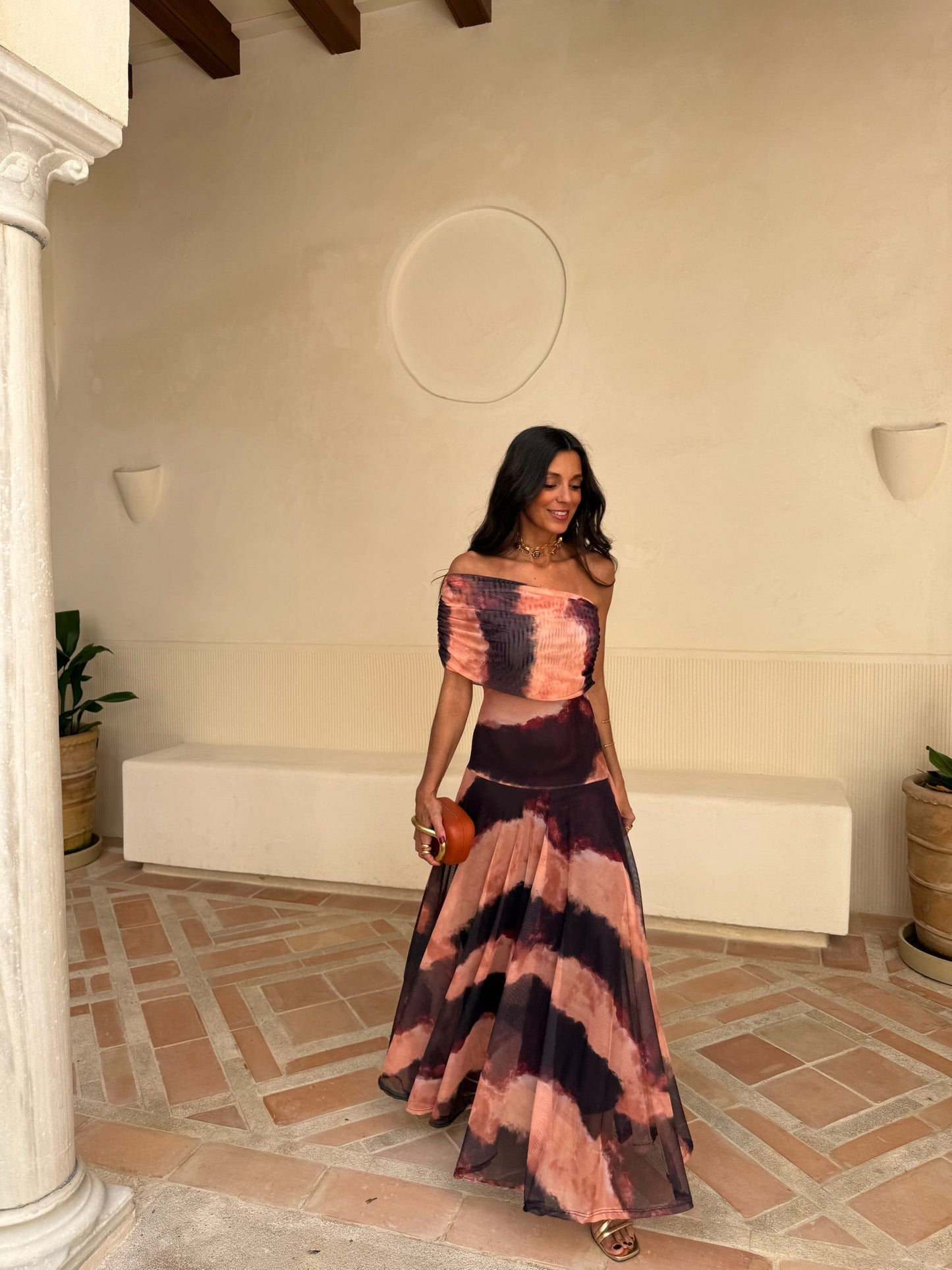 Toledo Vestido de Tul Estampado naranja y marrón