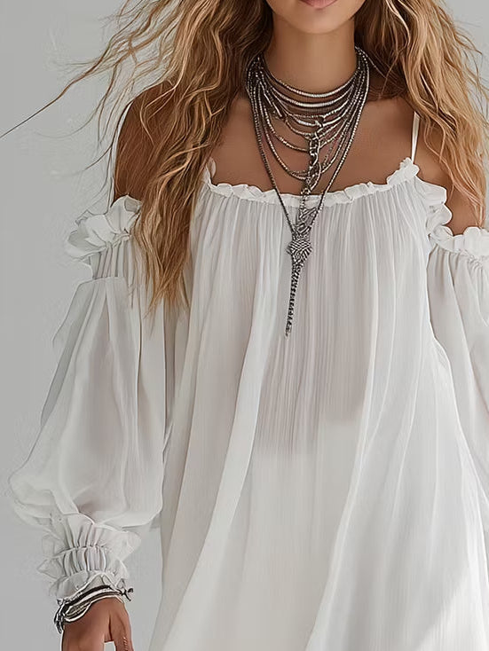 Romane | Vestido corto bohemio vaporoso con hombros descubiertos