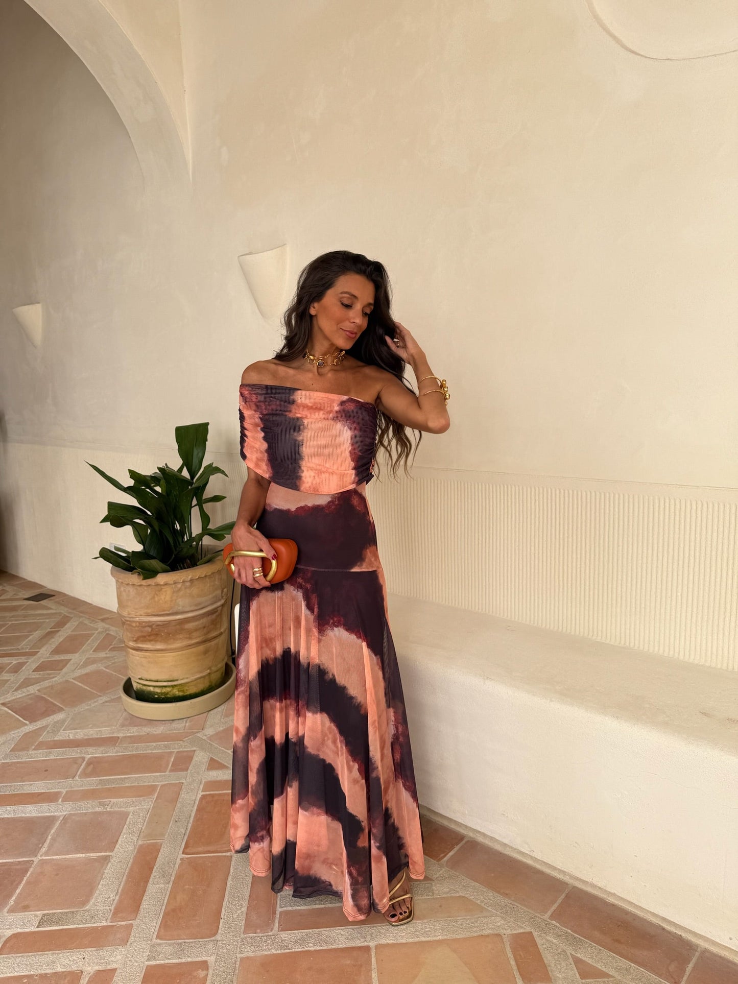 Toledo Vestido de Tul Estampado naranja y marrón