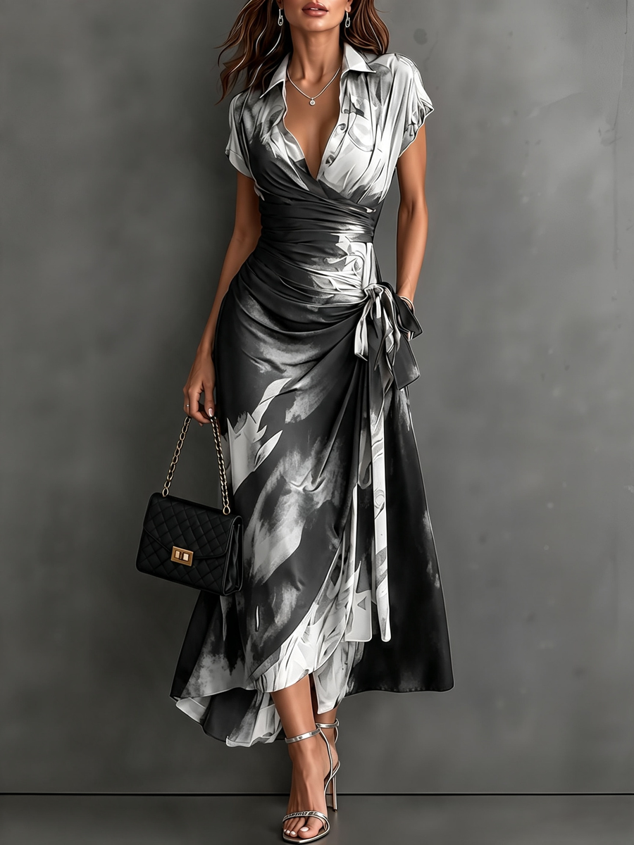 Carmen | Vestido midi cruzado con estampado abstracto y bajo con volante
