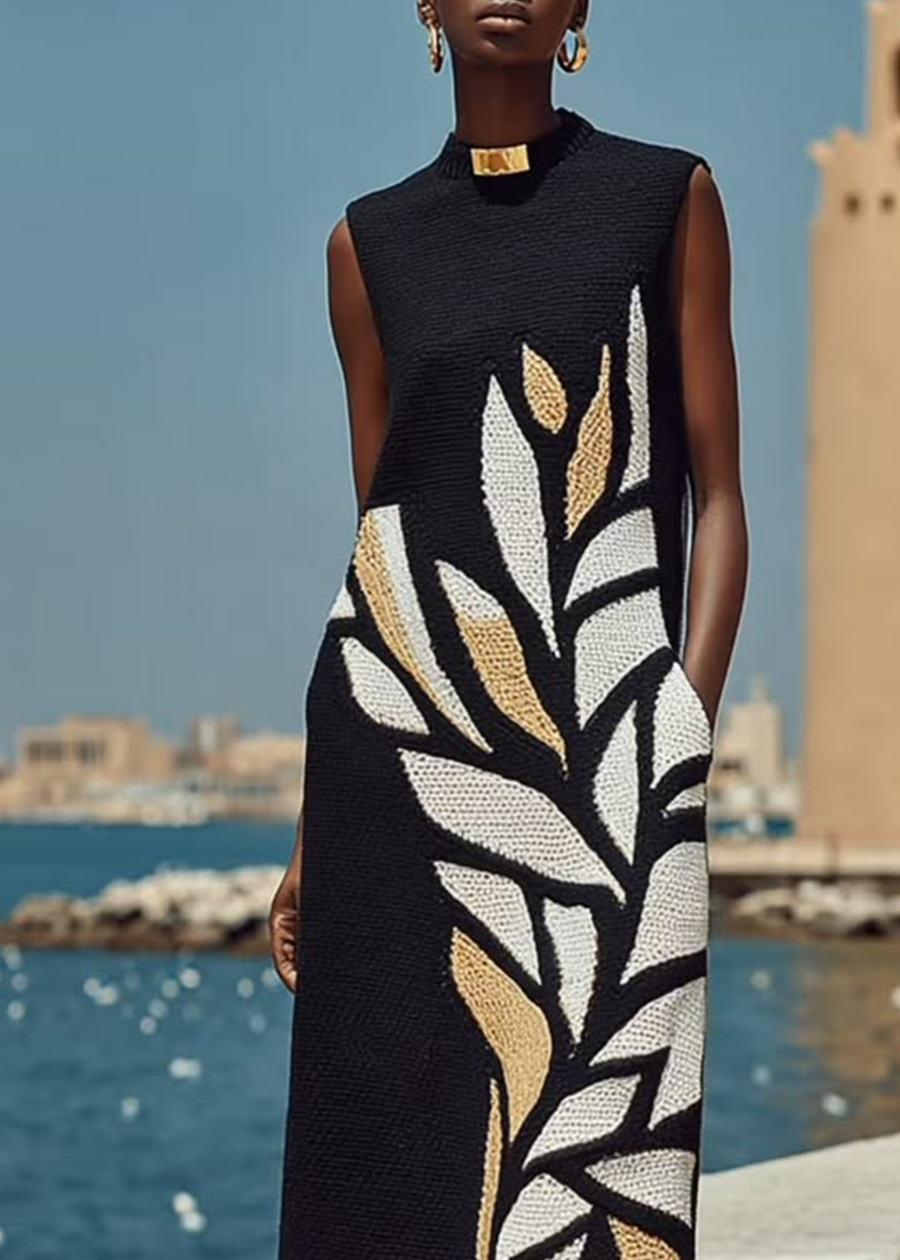 Paula | Vestido midi negro sin mangas estampado