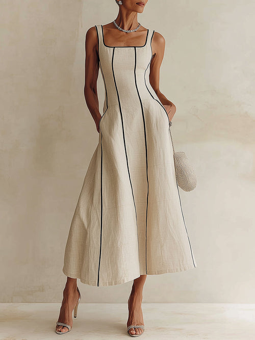 Camille | Vestido maxi línea A de lino a rayas con ribete negro