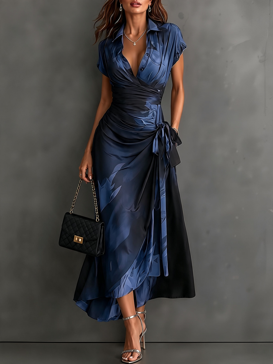 Carmen | Vestido midi cruzado con estampado abstracto y bajo con volante