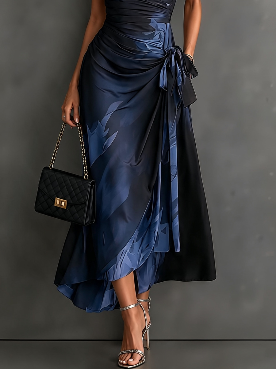 Carmen | Vestido midi cruzado con estampado abstracto y bajo con volante