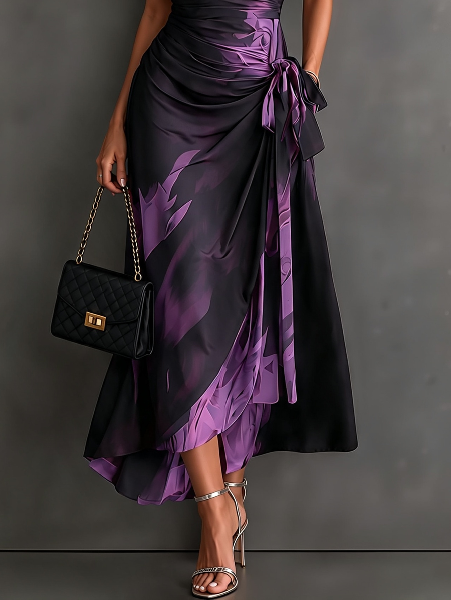 Carmen | Vestido midi cruzado con estampado abstracto y bajo con volante