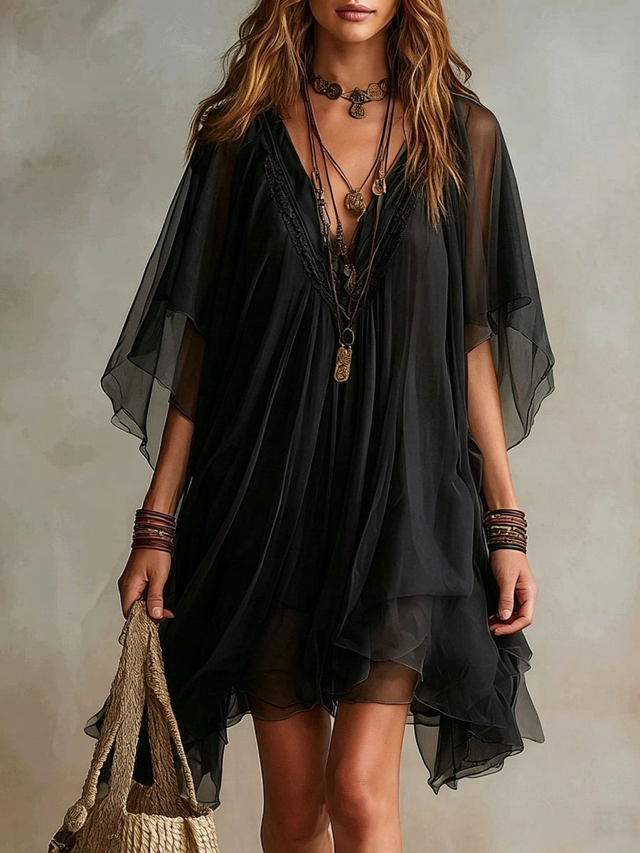 Smeraldo | Vestido corto verde fluido con capas y escote en V