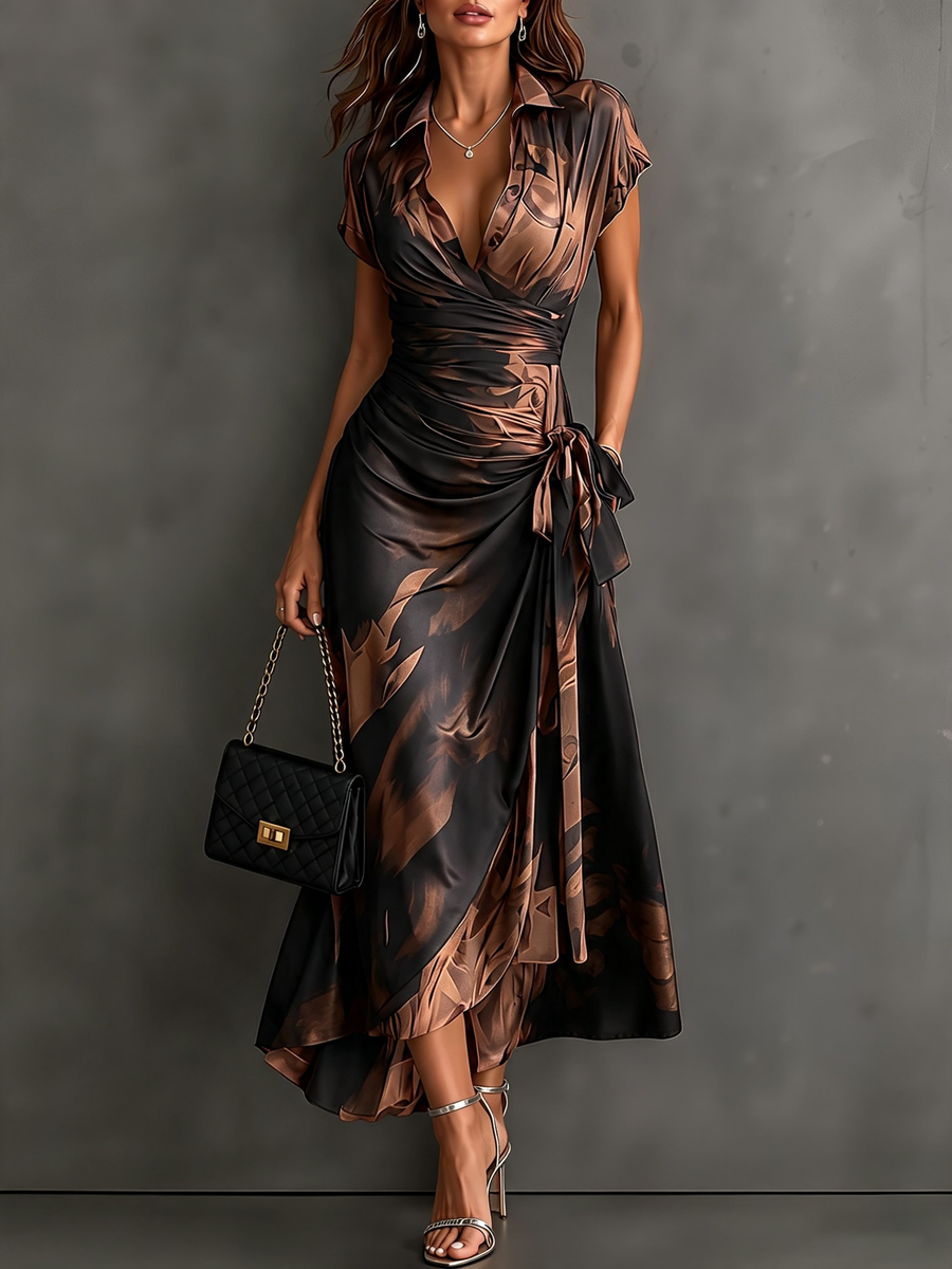 Carmen | Vestido midi cruzado con estampado abstracto y bajo con volante