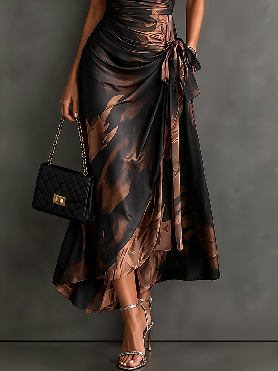 Carmen | Vestido midi cruzado con estampado abstracto y bajo con volante