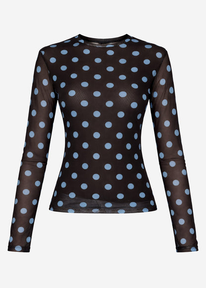 Tania | Camiseta de manga larga de rejilla de lunares · Marrón y azul