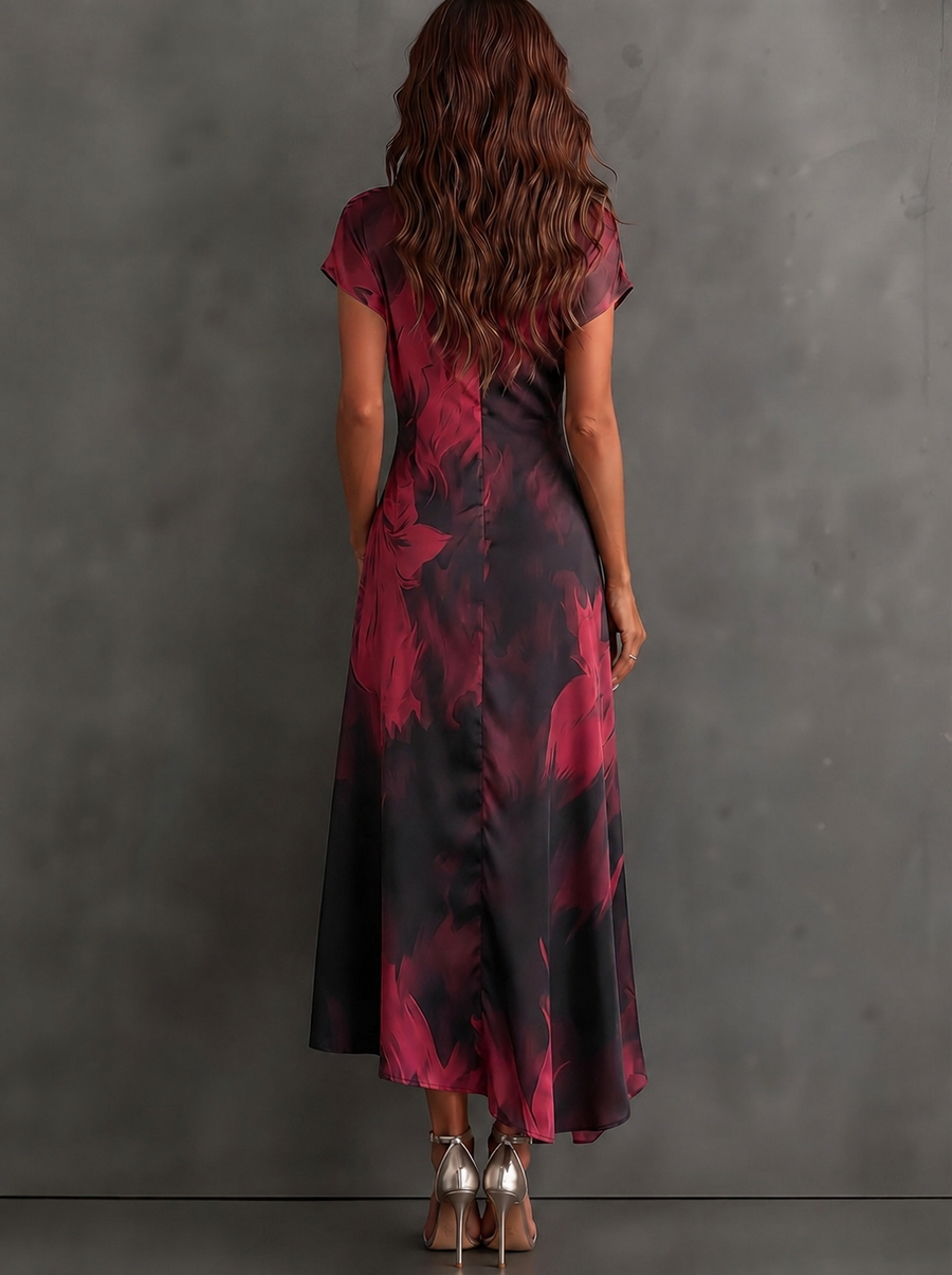 Carmen | Vestido midi cruzado con estampado abstracto y bajo con volante