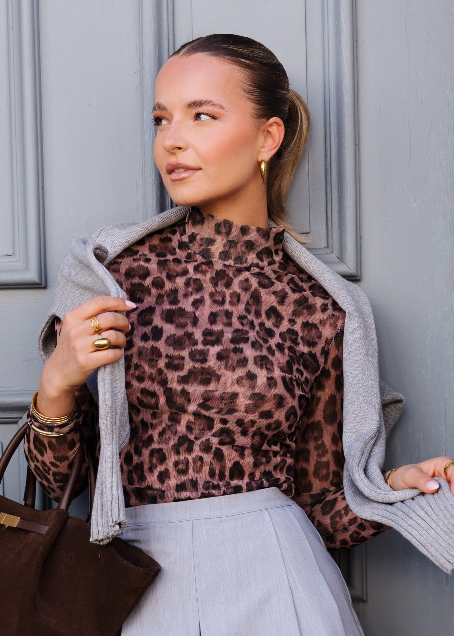 Elia | Camiseta de manga larga de rejilla estampado leopardo · Marrón