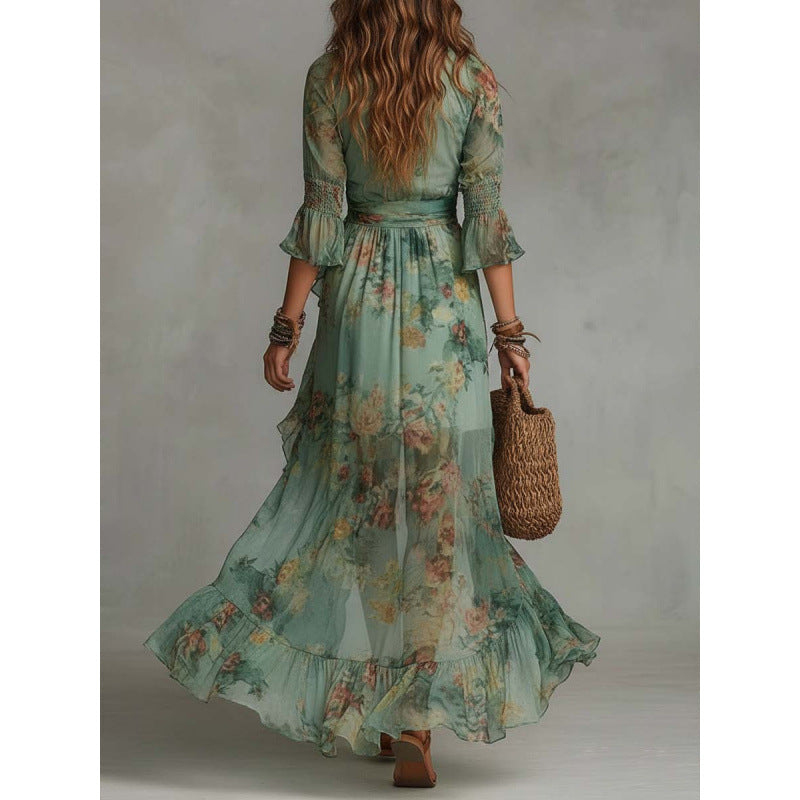 Selene | Vestido largo cruzado floral con volantes