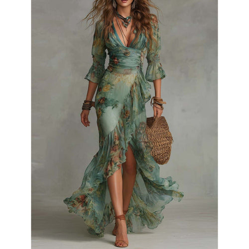 Selene | Vestido largo cruzado floral con volantes