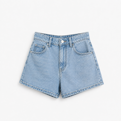 Shorts vaqueros de tiro alto azul cielo para mujer, look completo - District 8