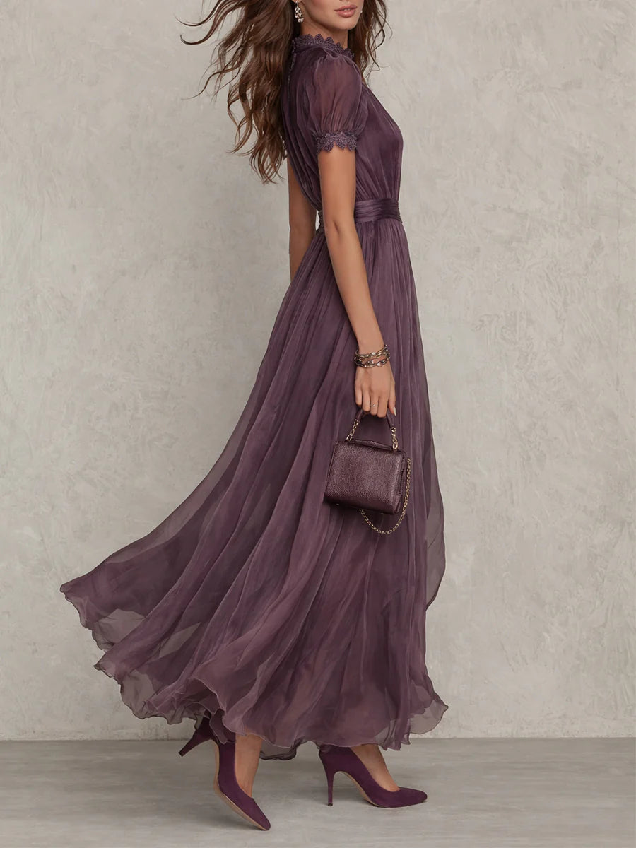 Flavia | Vestido largo de gasa con escote gota y encaje