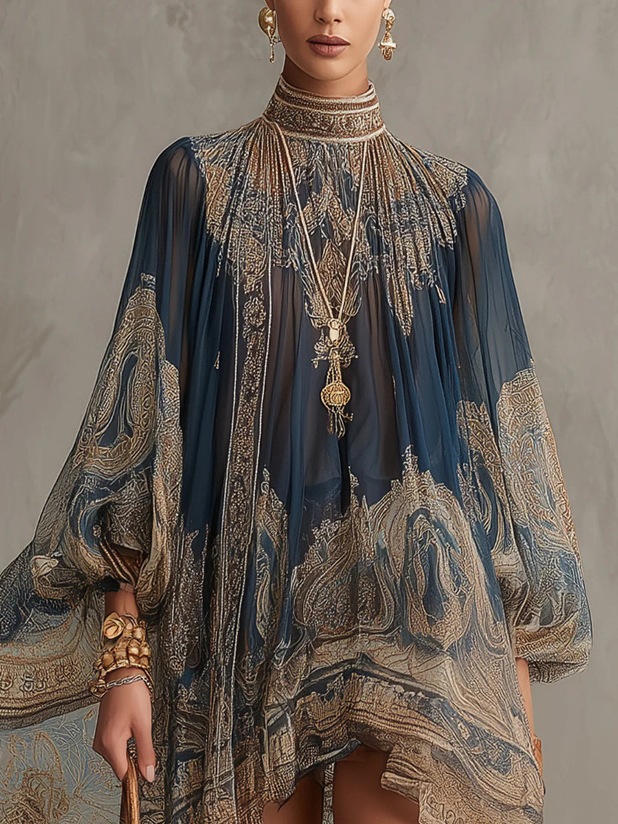 Bérénice | Vestido corto azul marino con estampado barroco y cuello alto