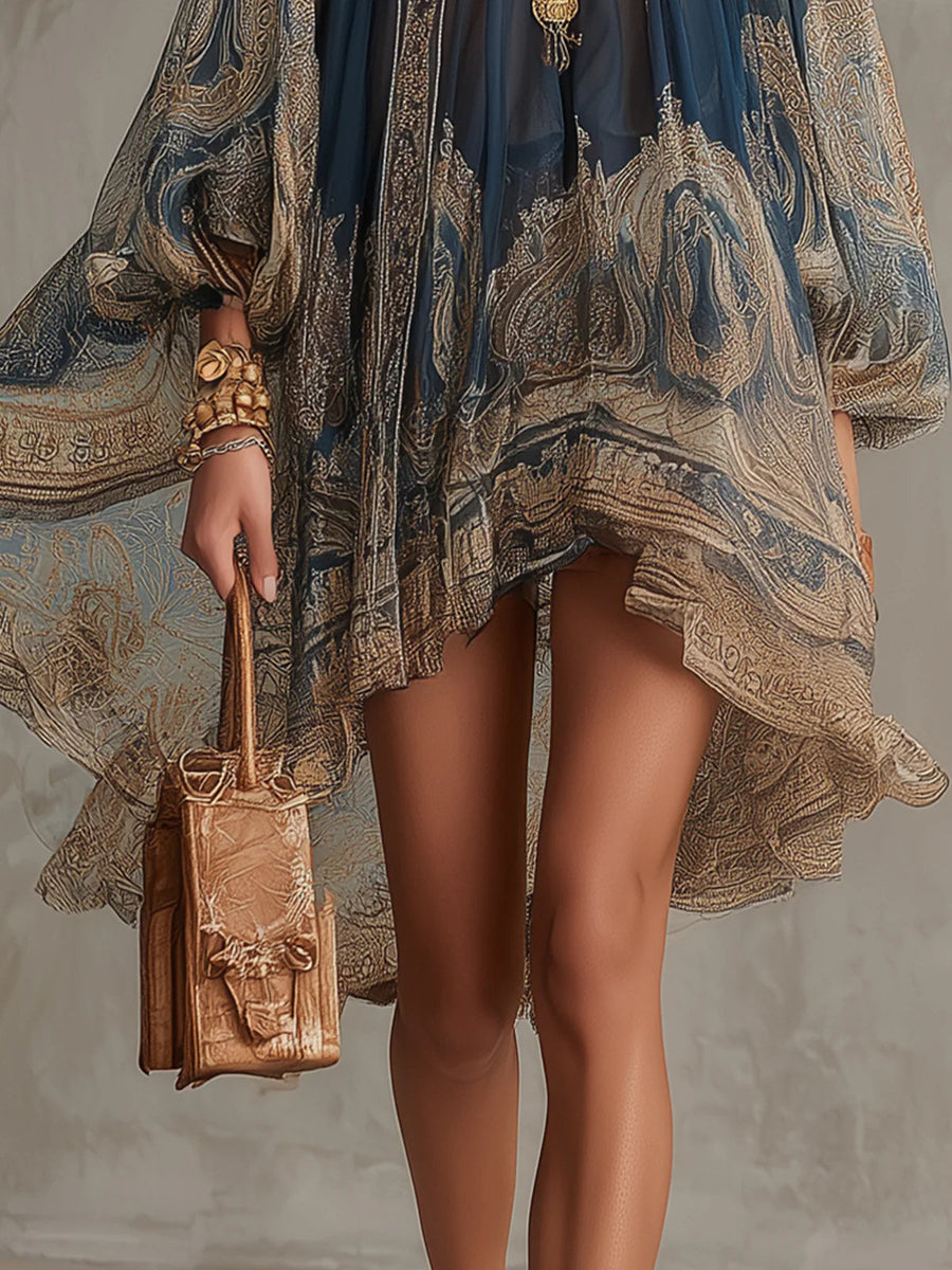 Bérénice | Vestido corto azul marino con estampado barroco y cuello alto