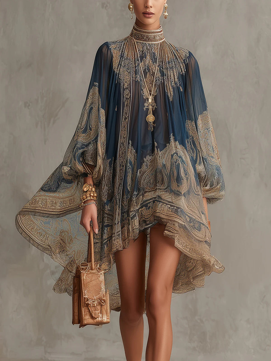 Bérénice | Vestido corto azul marino con estampado barroco y cuello alto