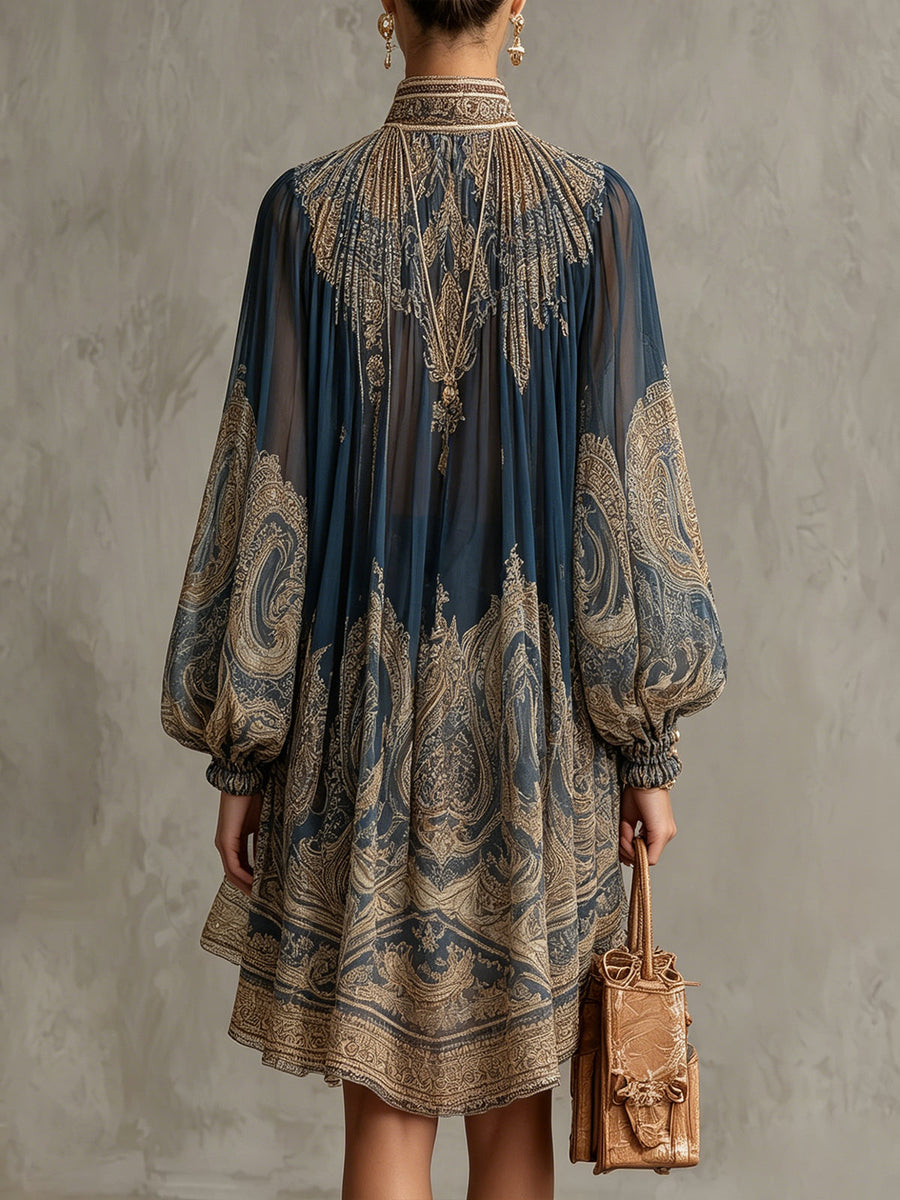 Bérénice | Vestido corto azul marino con estampado barroco y cuello alto
