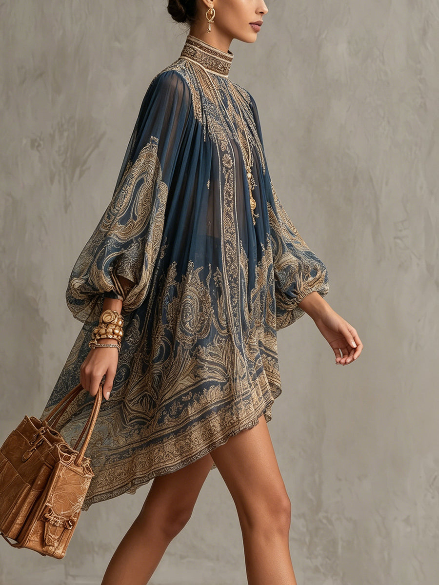 Bérénice | Vestido corto azul marino con estampado barroco y cuello alto