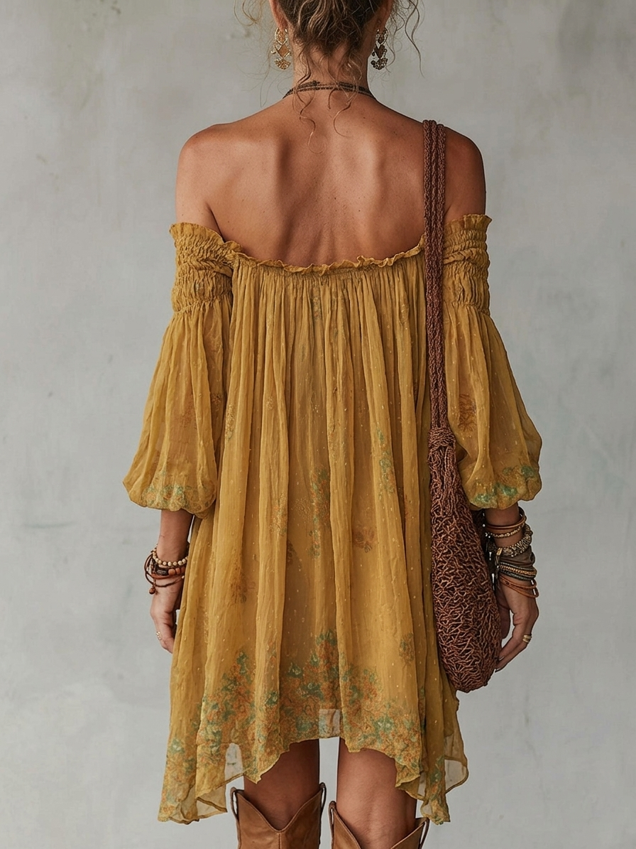 Giunchiglia | Vestido corto floral amarillo con hombros descubiertos
