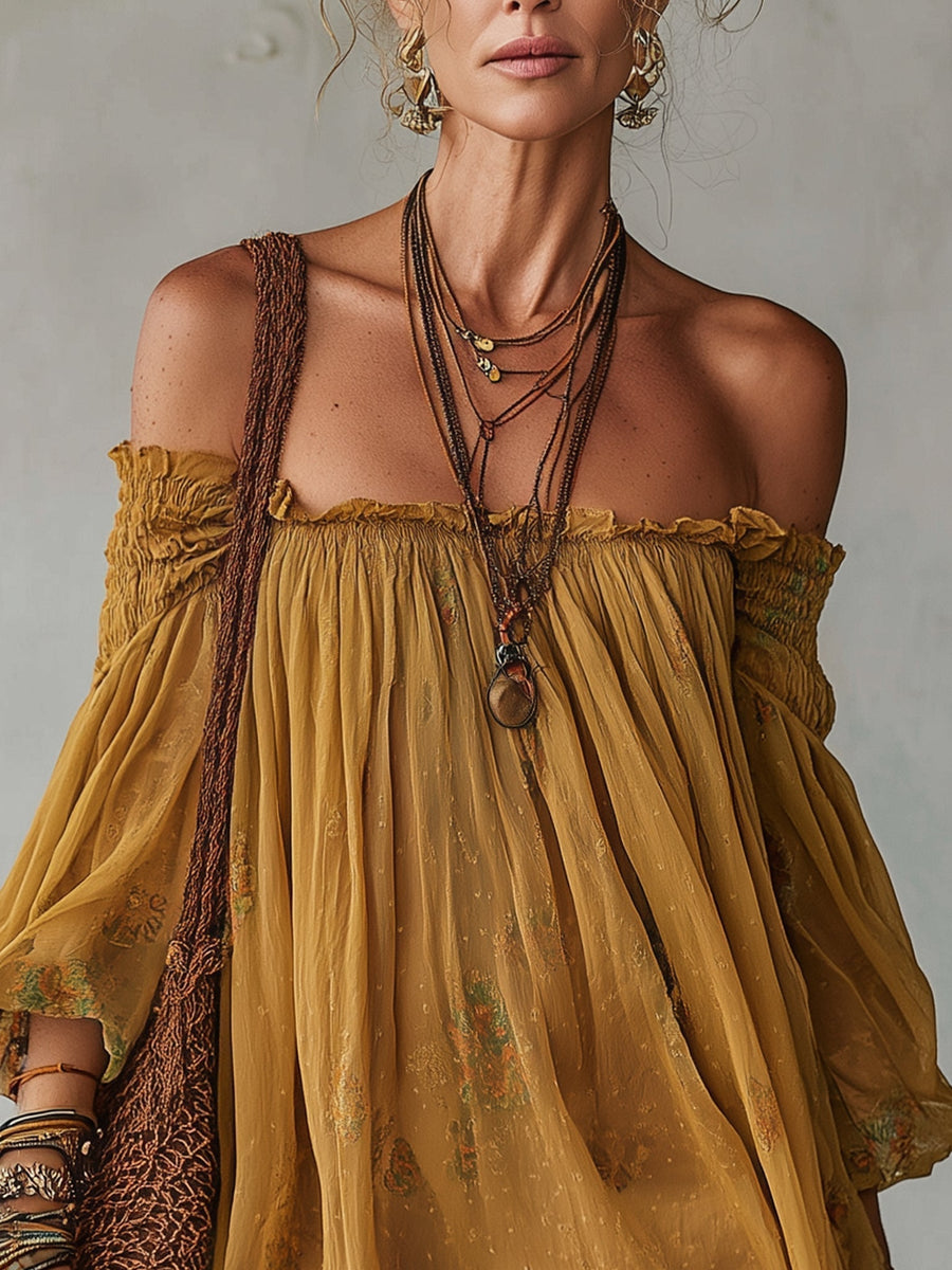 Giunchiglia | Vestido corto floral amarillo con hombros descubiertos