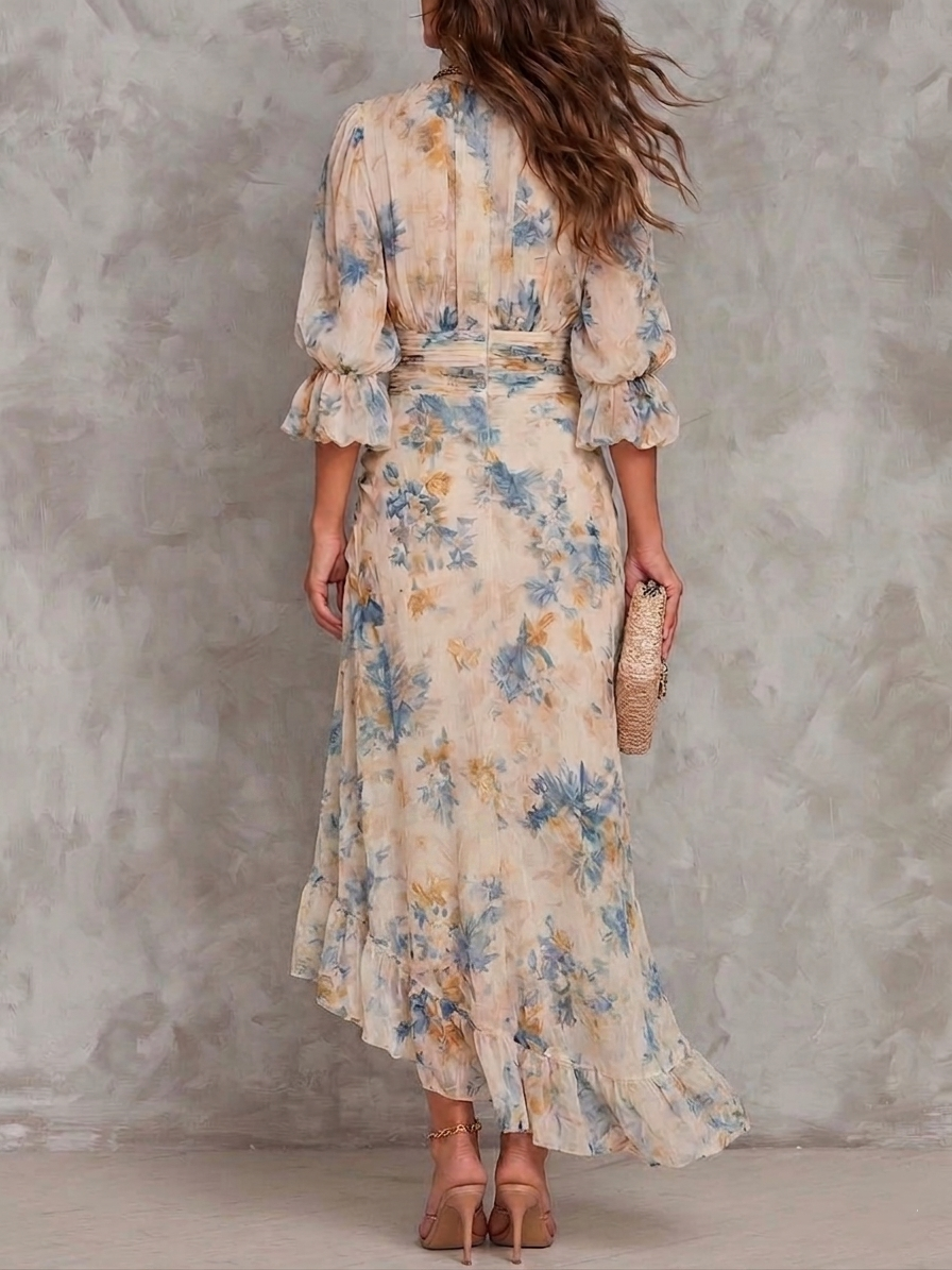 Greta | Vestido largo de gasa cuello alto con estampado floral