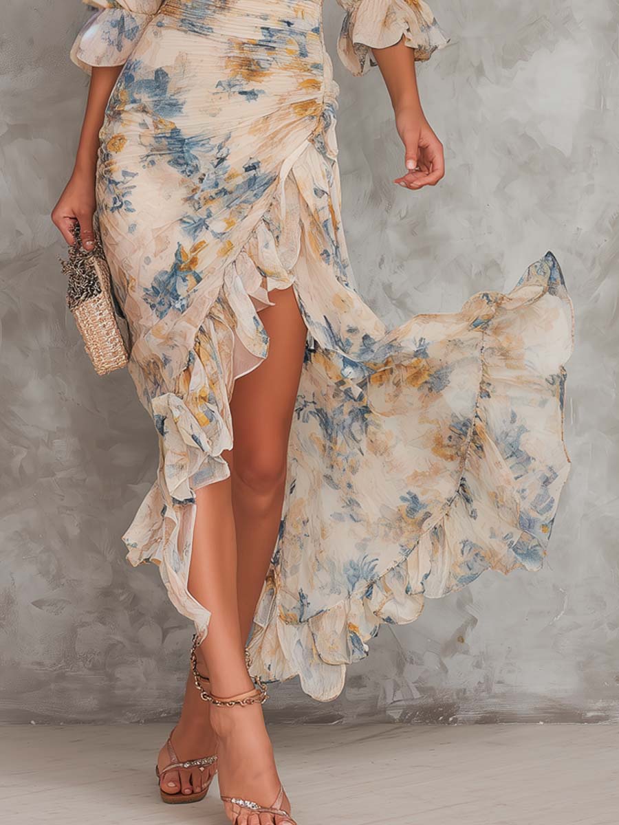 Greta | Vestido largo de gasa cuello alto con estampado floral