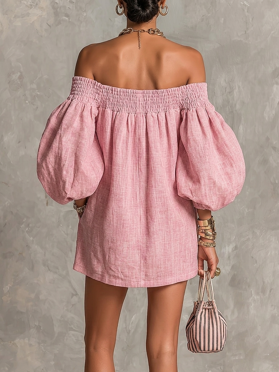 Rosabelle | Vestido corto rosa línea A con mangas farol y hombros descubiertos