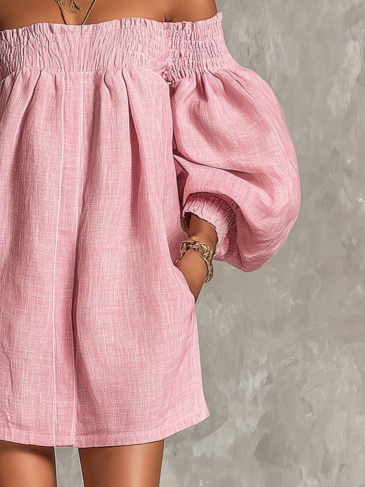 Rosabelle | Vestido corto rosa línea A con mangas farol y hombros descubiertos