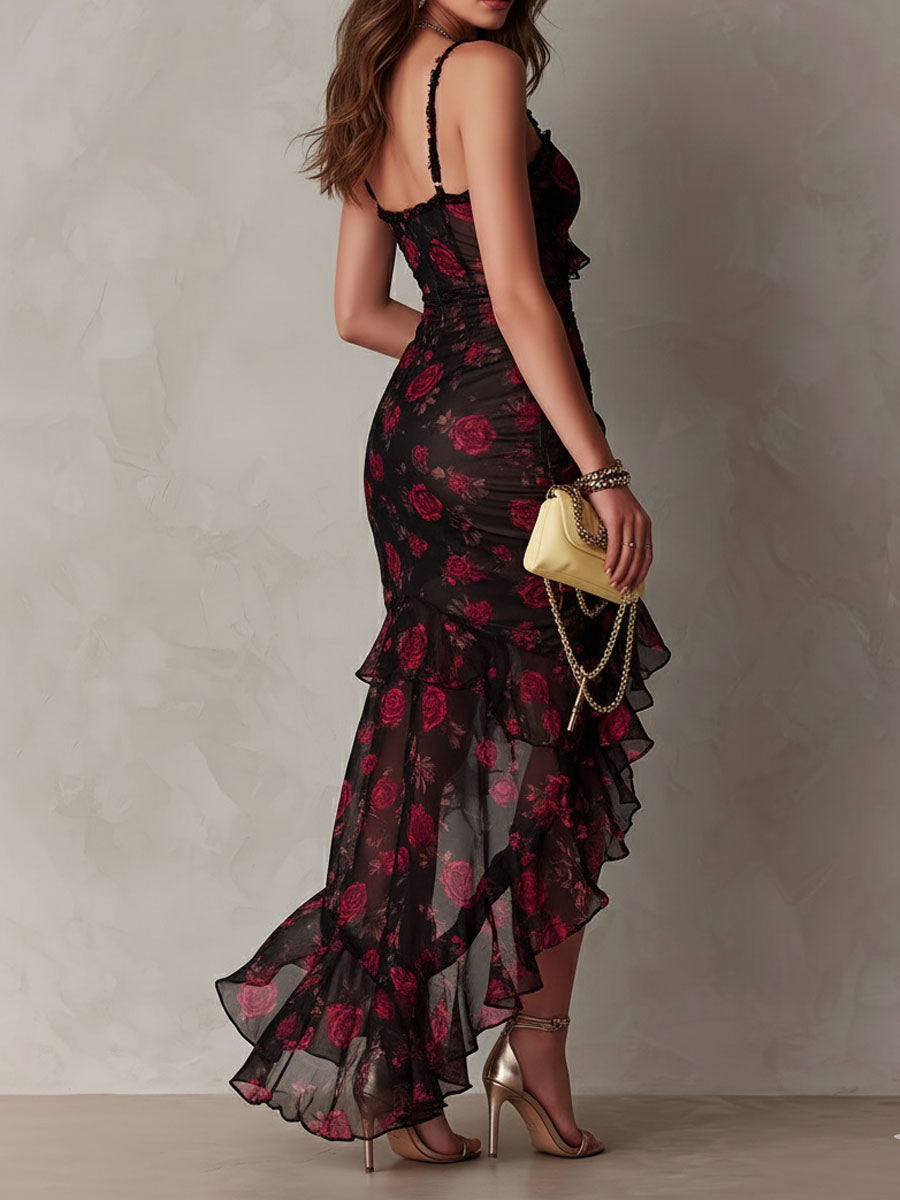 Lía | Vestido floral drapeado con bajo de volantes