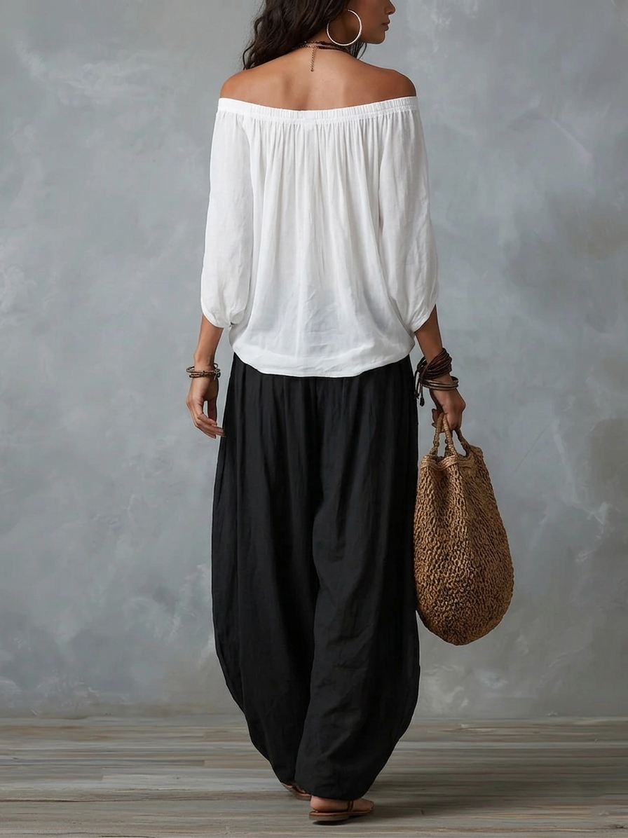 Raffaella | Conjunto top hombros descubiertos y pantalón amplio