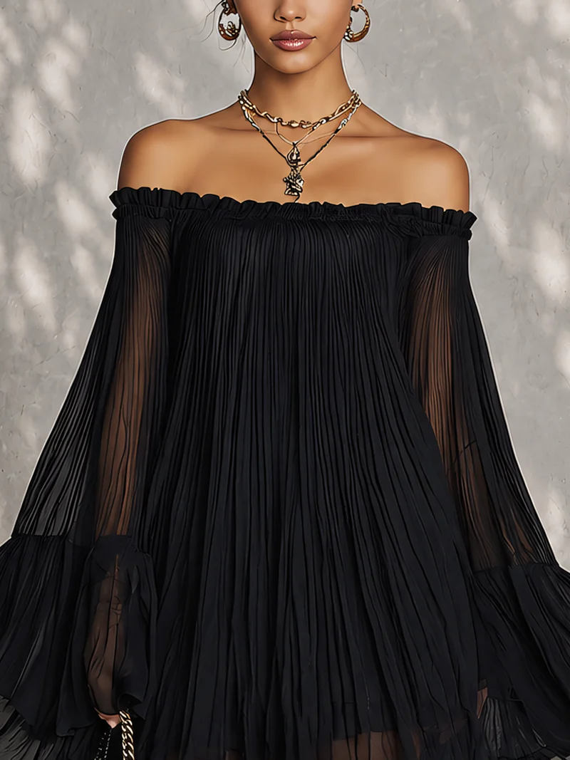 Zélie | Vestido corto negro con mangas campana y volantes