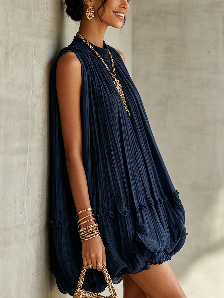 Océane | Vestido corto azul marino con cuello halter y volantes