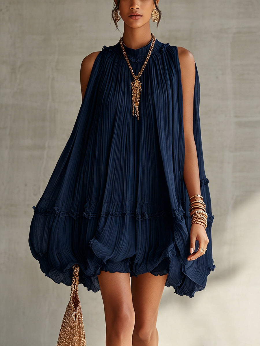Océane | Vestido corto azul marino con cuello halter y volantes
