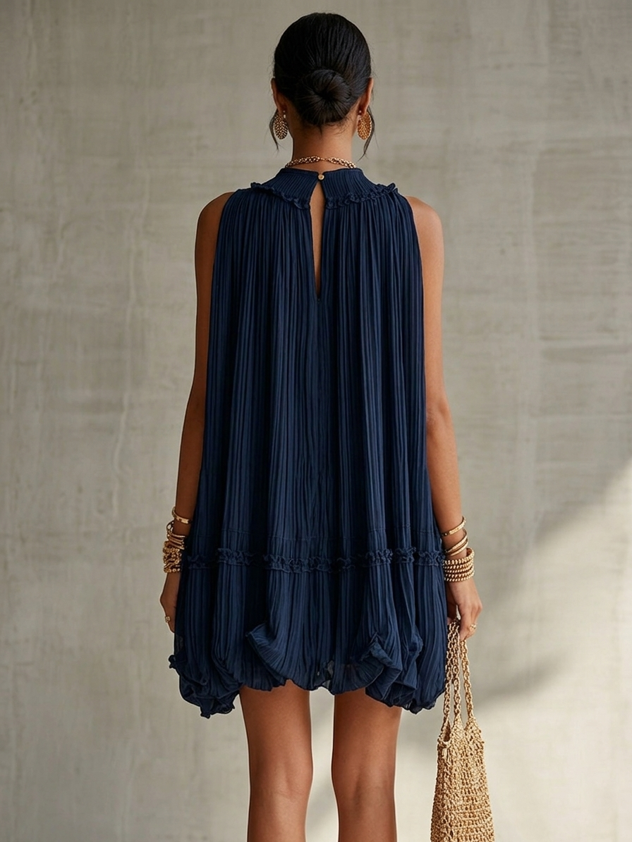 Océane | Vestido corto azul marino con cuello halter y volantes